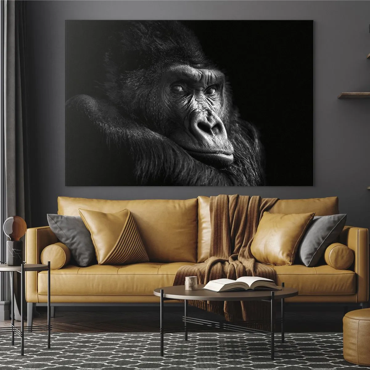Impression sur verre - Image sur verre - Portrait noir et blanc d'un gorille à l'ombre d'une fenêtre - 70x50cm - Et qu'est-ce que tu regardes? - Décoration murale moderne pour le salon et la chambre ARTTOR