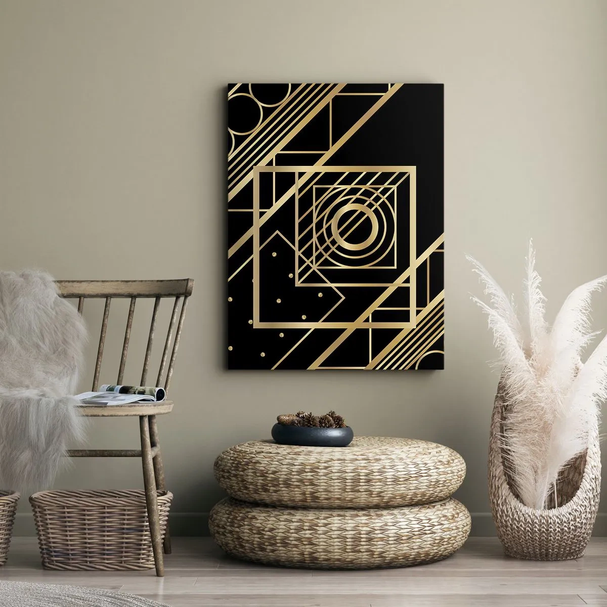 Impression sur toile - Image sur toile - Motifs géométriques dorés sur fond noir - 50x70cm - Géométrie en or - Décoration murale moderne pour le salon et la chambre ARTTOR