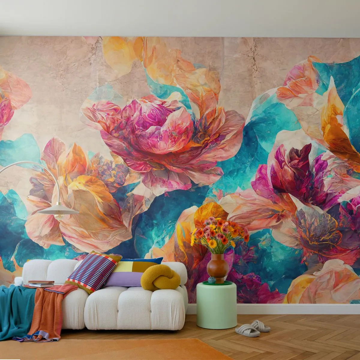 Papier Peint Photo Premium Sand - Fleurs colorées sur un fond abstrait turquoise - 100x70cm - Splendeur colorée du bouquet - Décoration murale moderne pour le salon et la chambre ARTTOR