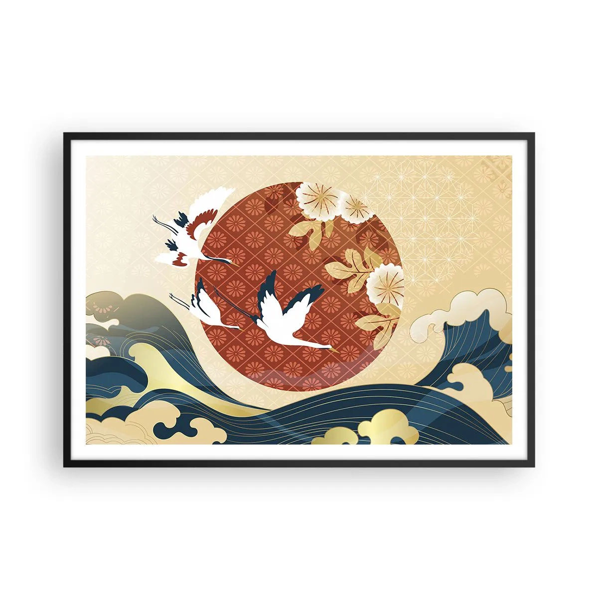 Affiche dans un cadre noir - Poster - Composition japonaise avec des grues et des vagues - 100x70cm - Conte japonnais - Décoration murale moderne pour le salon et la chambre ARTTOR