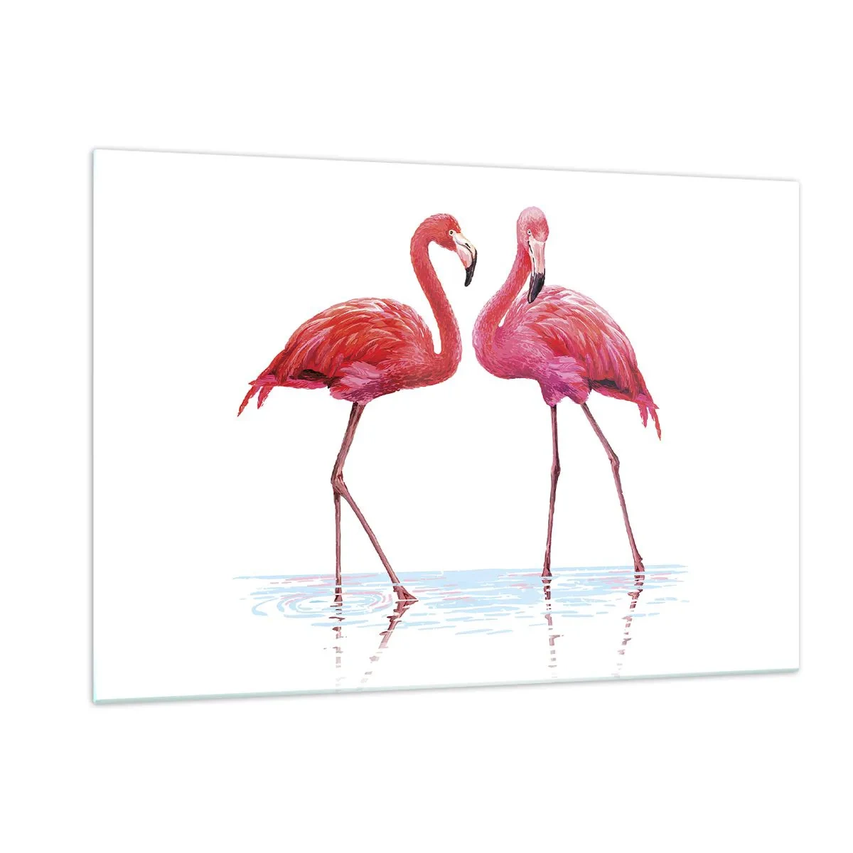 Impression sur verre - Image sur verre - Deux flamants roses debout dans l'eau - 120x80cm - Rendez-vous rose - Décoration murale moderne pour le salon et la chambre ARTTOR