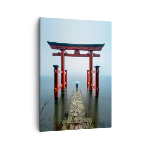 Impression sur toile - Image sur toile - Un portail torii surplombant un lac tranquille au Japon - 50x70cm - Rêverie japonnaise - Décoration murale moderne pour le salon et la chambre ARTTOR