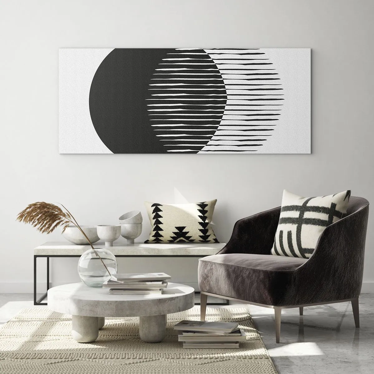 Impression sur verre - Image sur verre - Deux cercles superposés avec des lignes noires et blanches - 120x50cm - Son alter ego - Décoration murale moderne pour le salon et la chambre ARTTOR