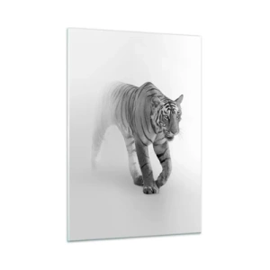 Impression sur verre - Image sur verre - Un tigre marchant dans la brume, avec un flou subtil en arrière-plan - 50x70cm - Accroupi dans le brouillard - Décoration murale moderne pour le salon et la chambre ARTTOR