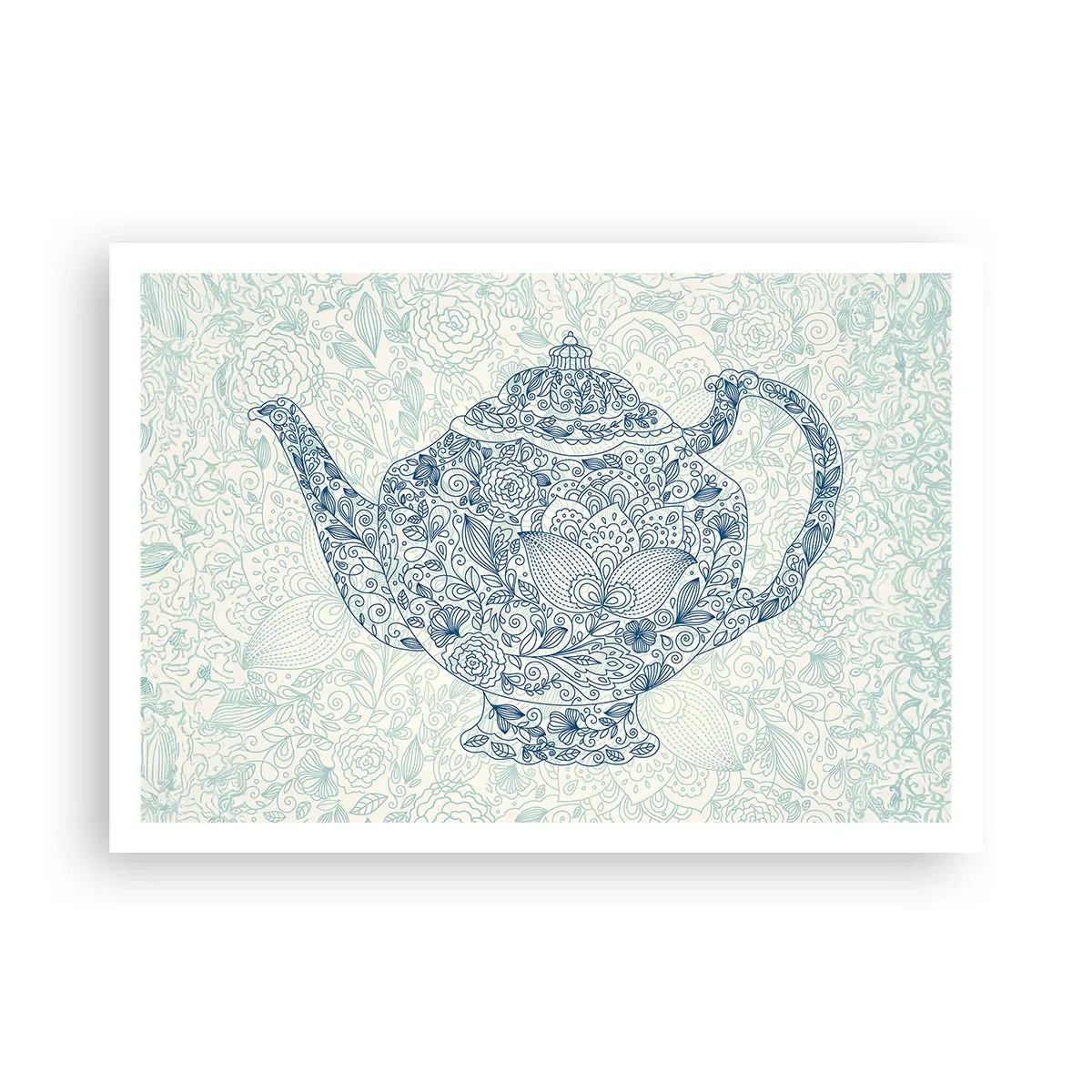 Affiche - Poster - Dessin décoratif d'une théière avec des ornements bleus - 100x70cm - Le charme du thé - Décoration murale moderne pour le salon et la chambre ARTTOR