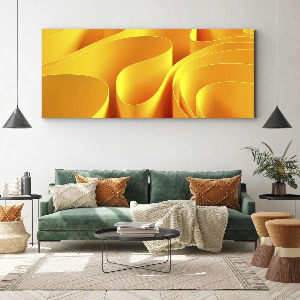 Impression sur toile - Image sur toile - Vagues abstraites jaunes ressemblant à des rayons de soleil - 120x50cm - Comme les vagues du soleil - Décoration murale moderne pour le salon et la chambre ARTTOR