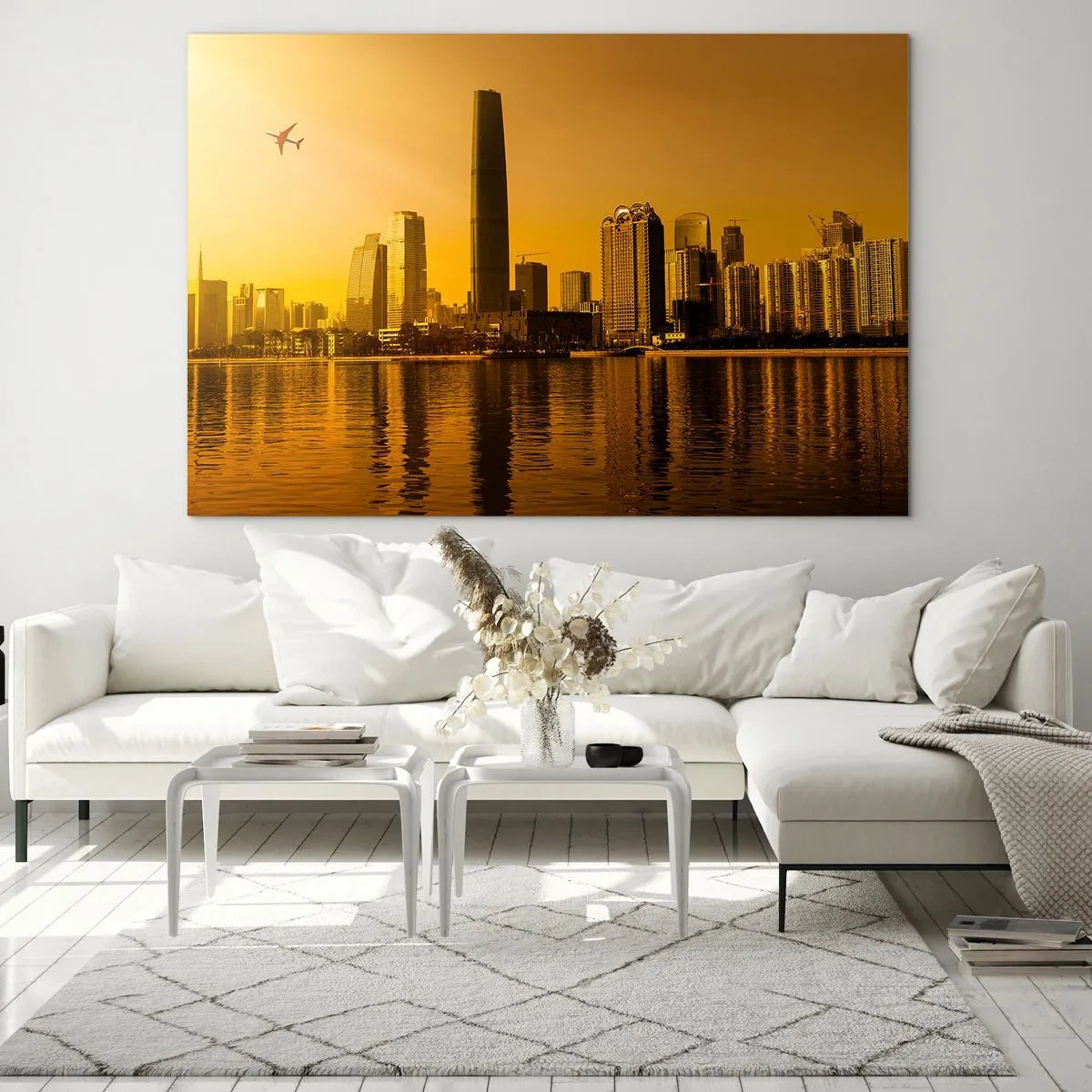 Impression sur verre - Image sur verre - Une ville moderne avec des gratte-ciel au coucher du soleil - 120x80cm - La ville en or - Décoration murale moderne pour le salon et la chambre ARTTOR