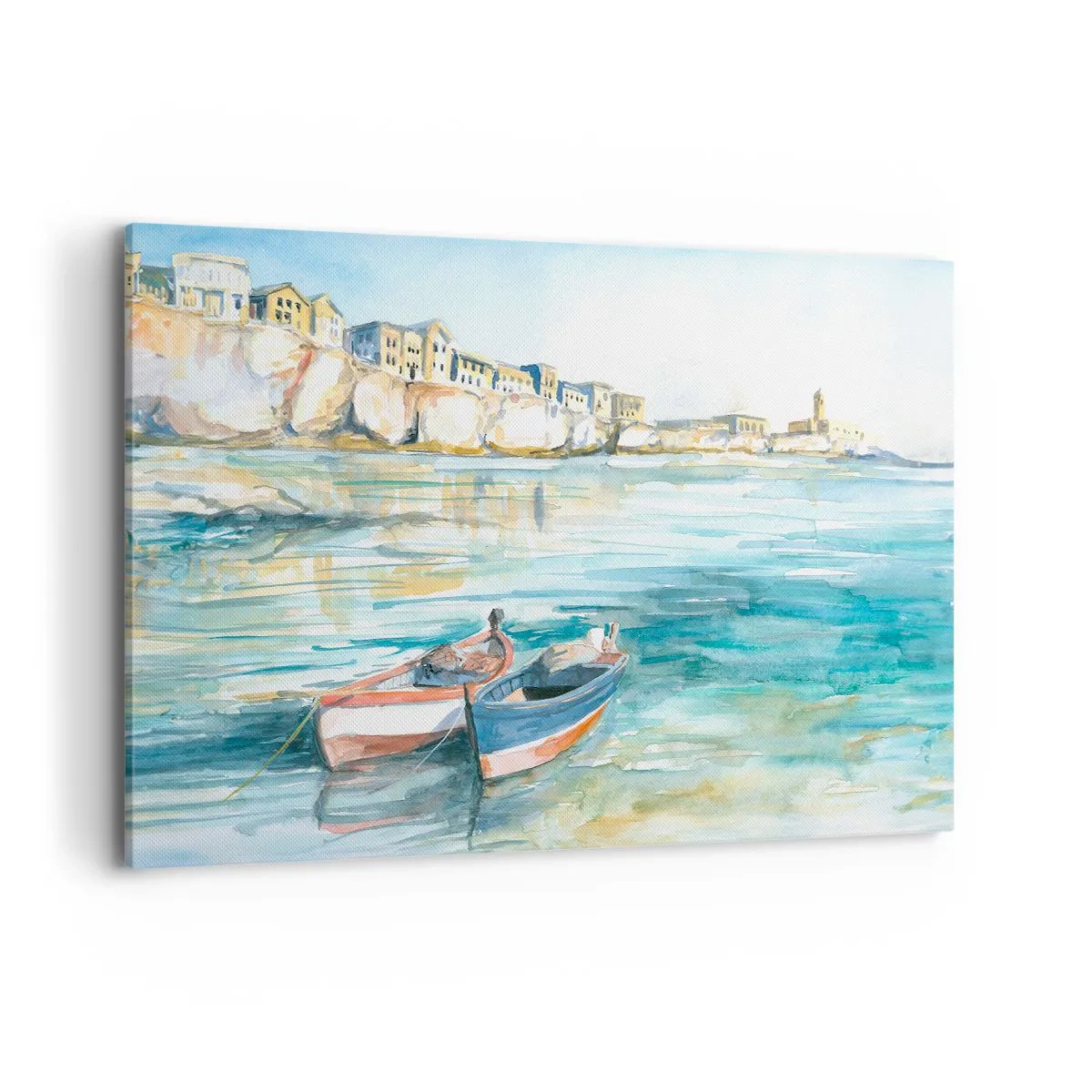 Impression sur toile - Image sur toile - Un paysage balnéaire pittoresque avec des bateaux sur l'eau - 120x80cm - Paysage dans l'azur - Décoration murale moderne pour le salon et la chambre ARTTOR