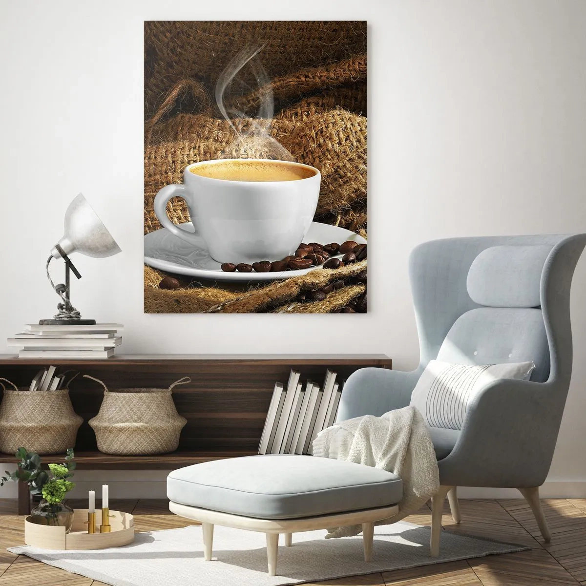 Impression sur verre - Image sur verre - Une tasse de café entourée d'un sac de grains de café - 80x120cm - L'odeur du moka et la densité du miel liquide - Décoration murale moderne pour le salon et la chambre ARTTOR