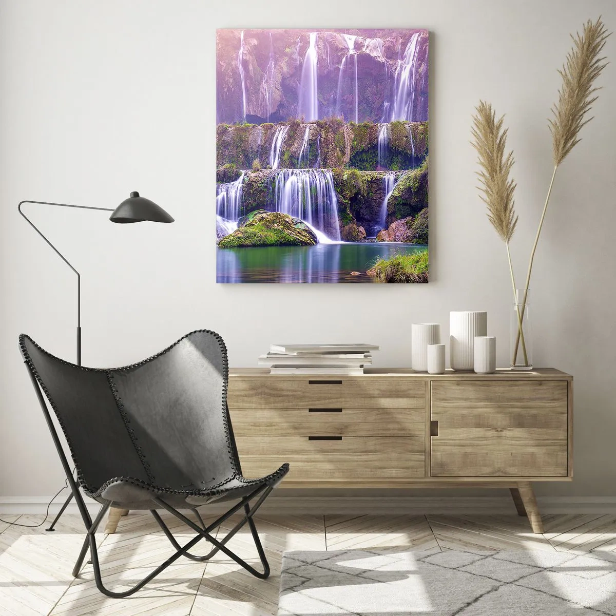 Impression sur verre - Image sur verre - Cascades pittoresques coulant sur des rochers verts au coucher du soleil - 50x70cm - Escalier vers le ciel - Décoration murale moderne pour le salon et la chambre ARTTOR