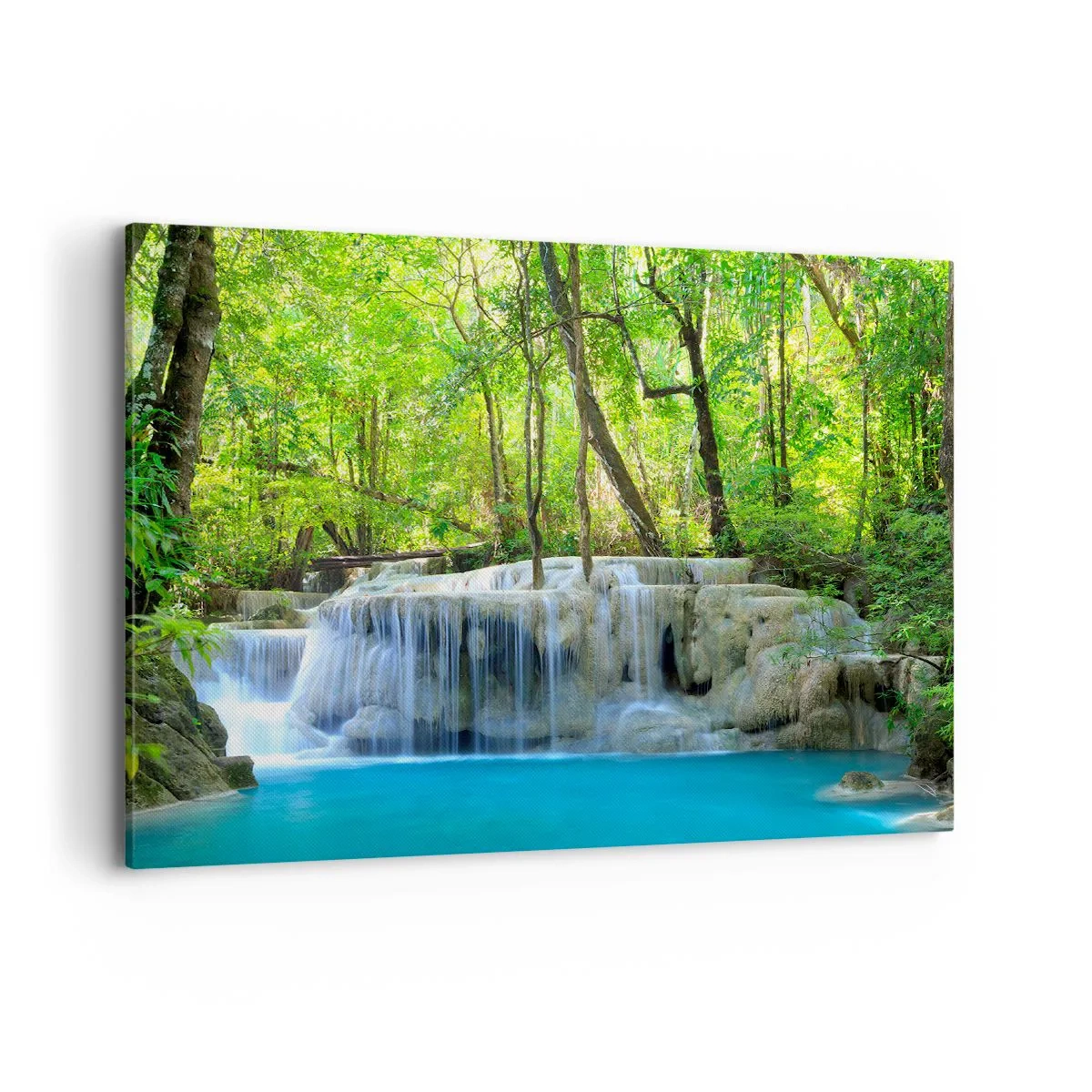 Impression sur toile - Image sur toile - Une cascade parmi des arbres verts avec de l'eau bleue dans un cadre naturel - 100x70cm - Se noyer dans le turquoise et le vert - Décoration murale moderne pour le salon et la chambre ARTTOR