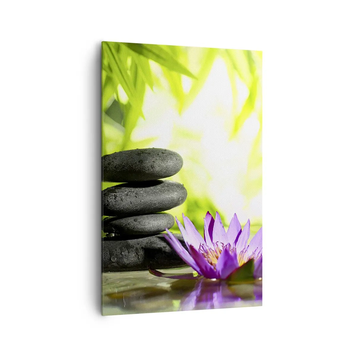 Impression sur toile - Image sur toile - Une pile de pierres zen et une fleur de lotus sur un fond de feuilles de bambou. - 80x120cm - Dans un buisson de bambou - Décoration murale moderne pour le salon et la chambre ARTTOR
