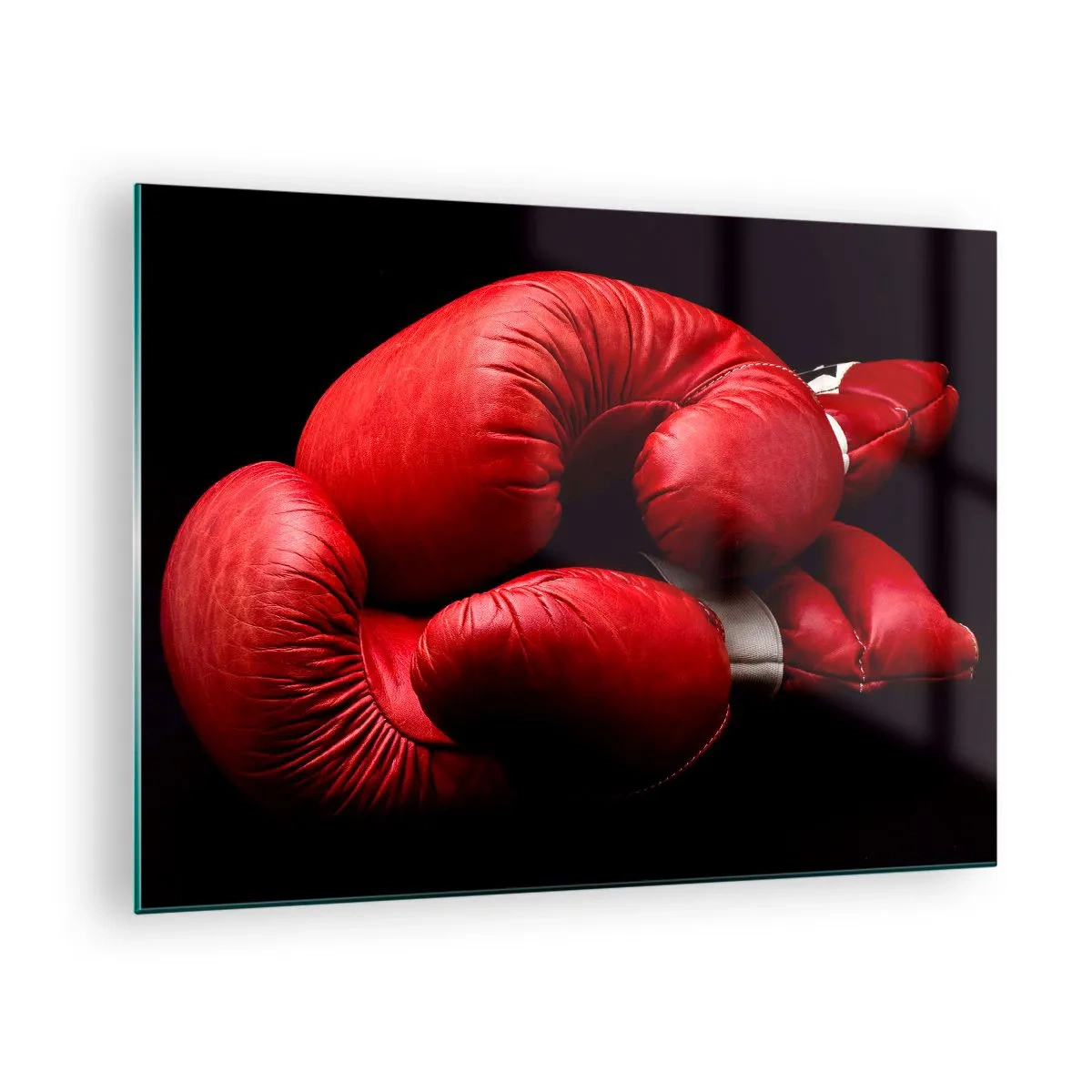 Impression sur verre - Image sur verre - Gants de boxe rouges sur fond noir - 70x50cm - Les émotions du combat sont derrière nous - Décoration murale moderne pour le salon et la chambre ARTTOR
