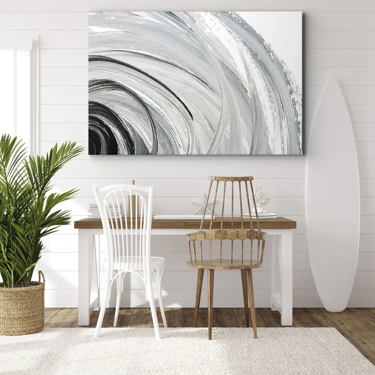 Impression sur toile - Image sur toile - Un tourbillon monochrome dans des tons de gris et de noir - 70x50cm - Composition orbitale - Décoration murale moderne pour le salon et la chambre ARTTOR