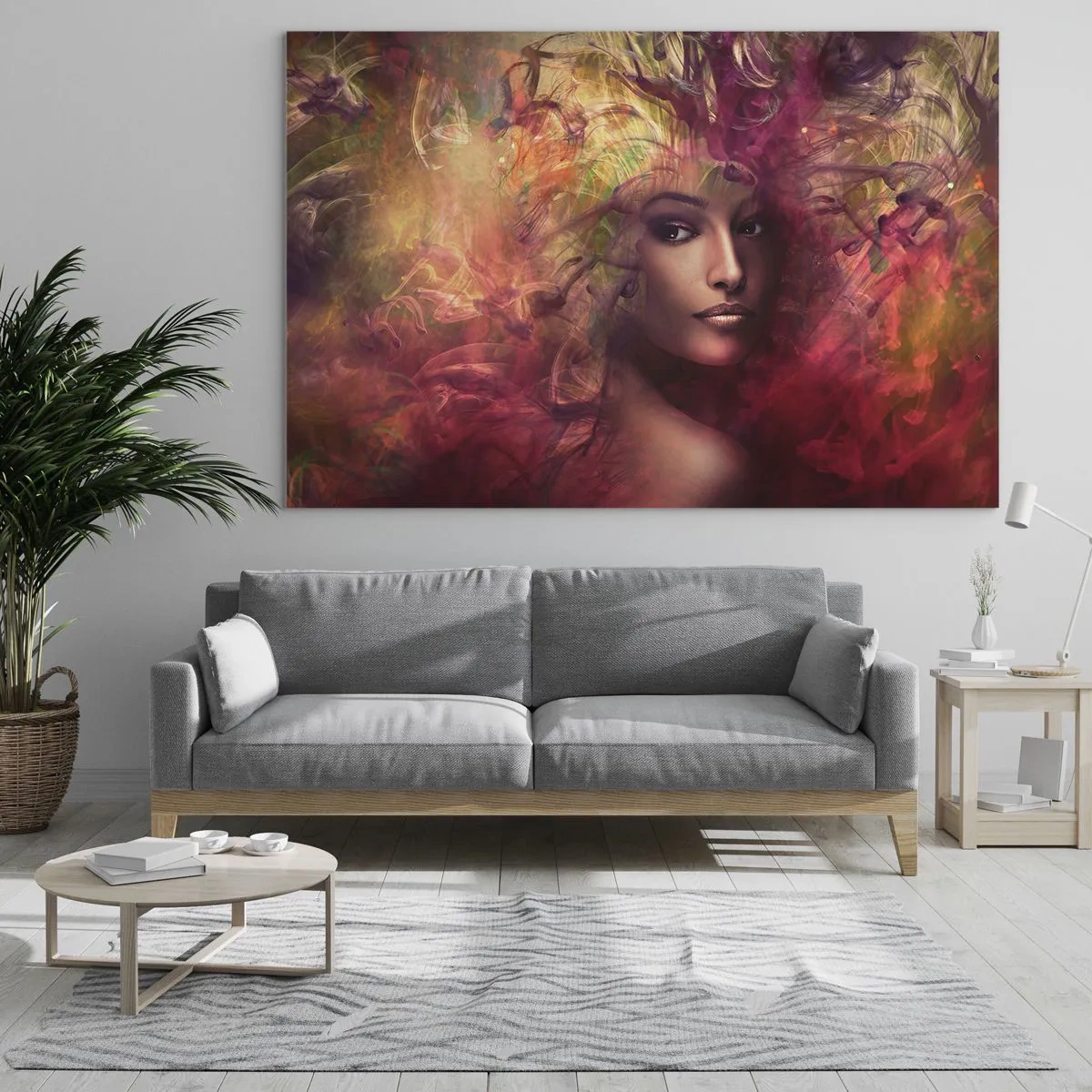 Impression sur verre - Image sur verre - Portrait d'une femme entourée de couleurs lumineuses et abstraites - 120x80cm - Je suis ici! - Décoration murale moderne pour le salon et la chambre ARTTOR