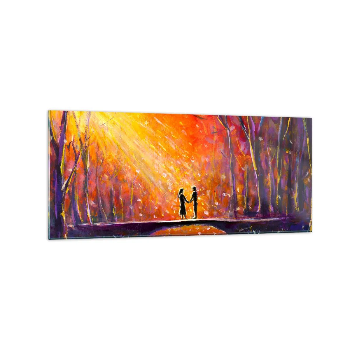 Impression sur verre - Image sur verre - Couple romantique sur un pont dans la forêt d'automne - 120x50cm - Le ciel les aime aussi - Décoration murale moderne pour le salon et la chambre ARTTOR
