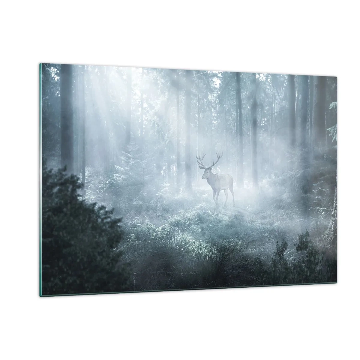 Impression sur verre - Image sur verre - Un cerf dans une forêt brumeuse illuminée par les rayons du soleil du matin - 120x80cm - Visite matinale du domaine - Décoration murale moderne pour le salon et la chambre ARTTOR