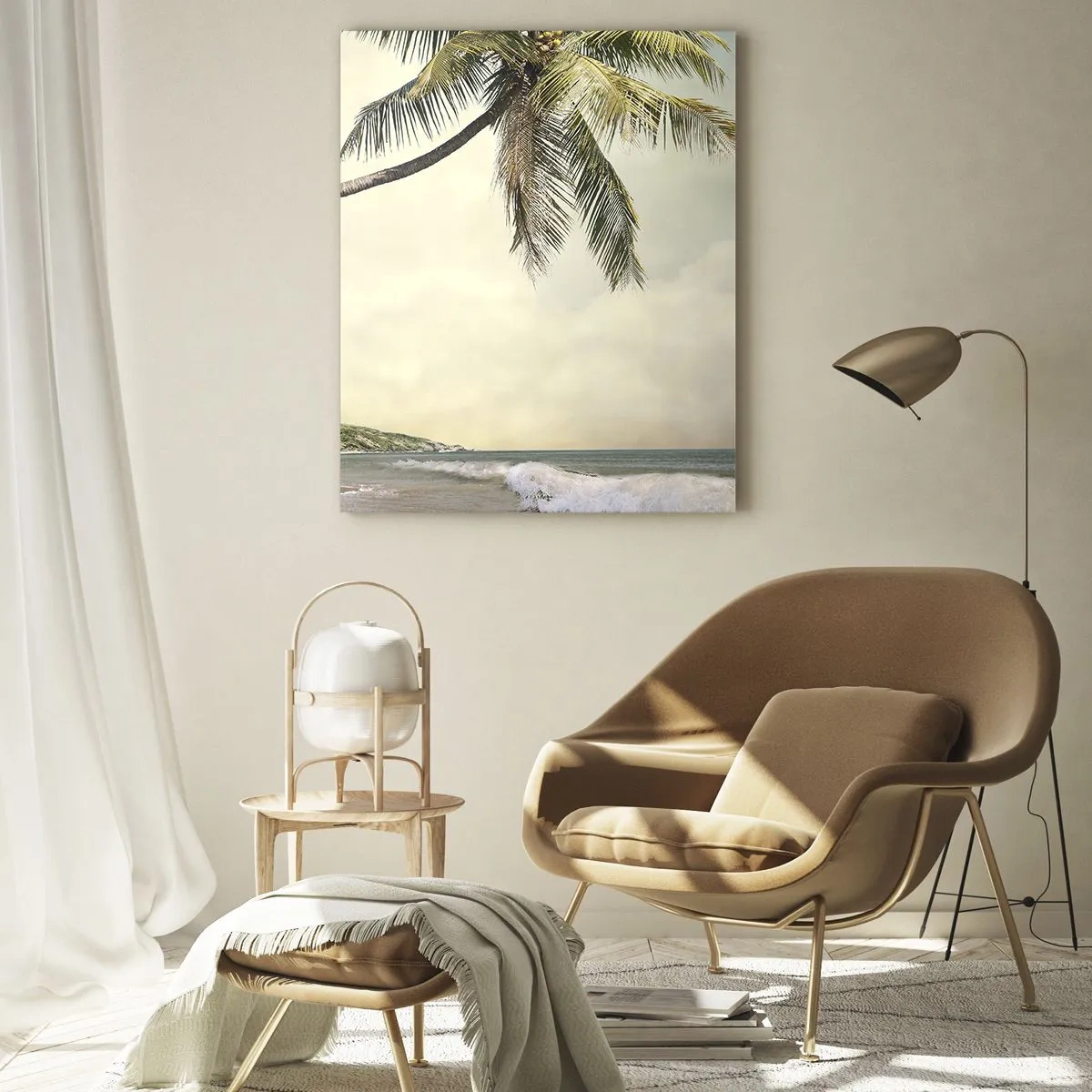 Impression sur verre - Image sur verre - Une plage avec des palmiers sur fond de mer calme - 70x100cm - Rêve tropical - Décoration murale moderne pour le salon et la chambre ARTTOR