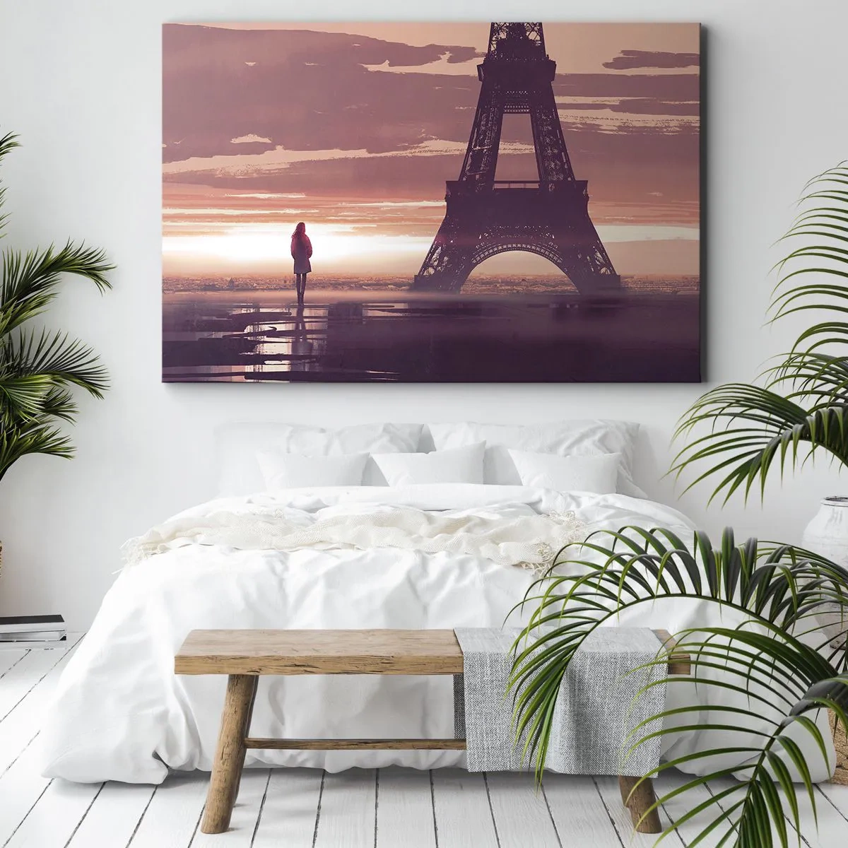 Impression sur toile - Image sur toile - Une silhouette regardant la Tour Eiffel à la lumière du soleil couchant - 120x80cm - Seulement deux d'entre eux - Décoration murale moderne pour le salon et la chambre ARTTOR