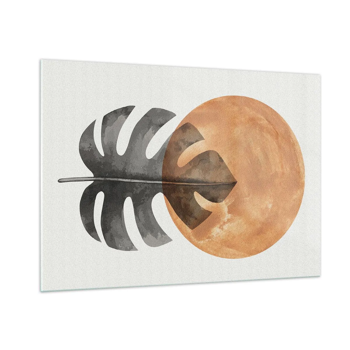 Impression sur verre - Image sur verre - Feuille de Monstera et cercle orange dans un style graphique sur fond blanc. - 100x70cm - Toujours le soleil - Décoration murale moderne pour le salon et la chambre ARTTOR