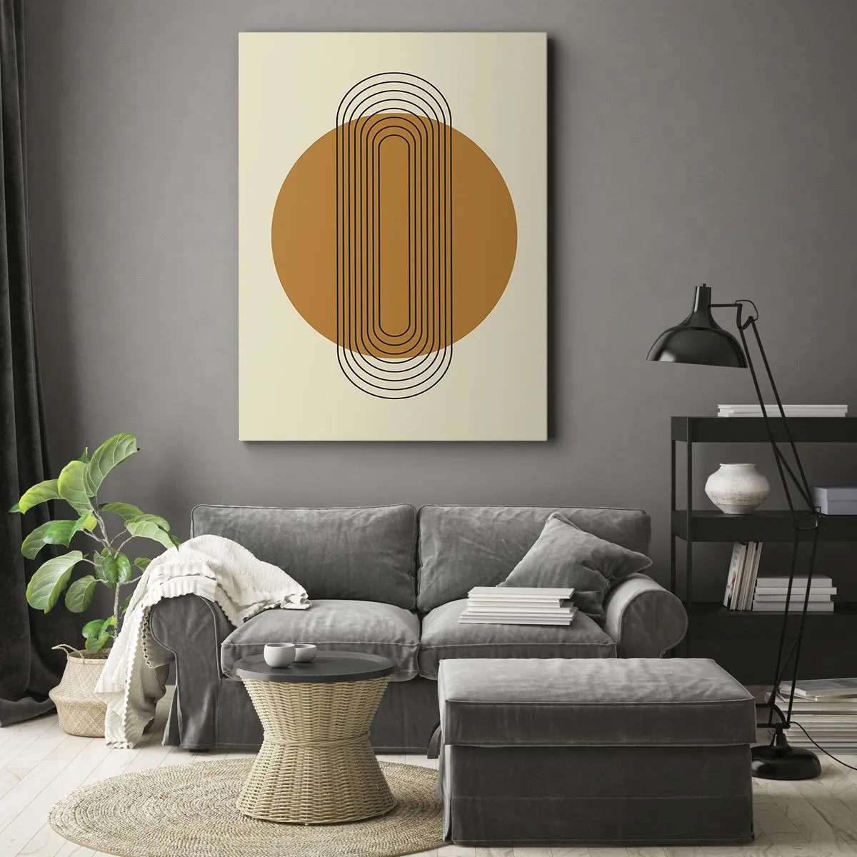 Impression sur toile - Image sur toile - Motif géométrique avec des cercles et des lignes orange - 70x100cm - Plan idéal - Décoration murale moderne pour le salon et la chambre ARTTOR