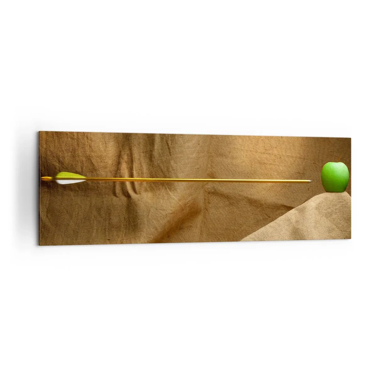Impression sur toile - Image sur toile - Pomme verte sur tissu avec une flèche créant une composition - 160x50cm - Invoquer l'esprit de Guillaume Tell - Décoration murale moderne pour le salon et la chambre ARTTOR