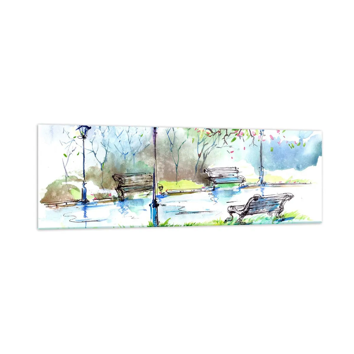 Impression sur verre - Image sur verre - Scène de parc à l'aquarelle avec bancs et lampes - 160x50cm - Le charme du silence d'un parc - Décoration murale moderne pour le salon et la chambre ARTTOR
