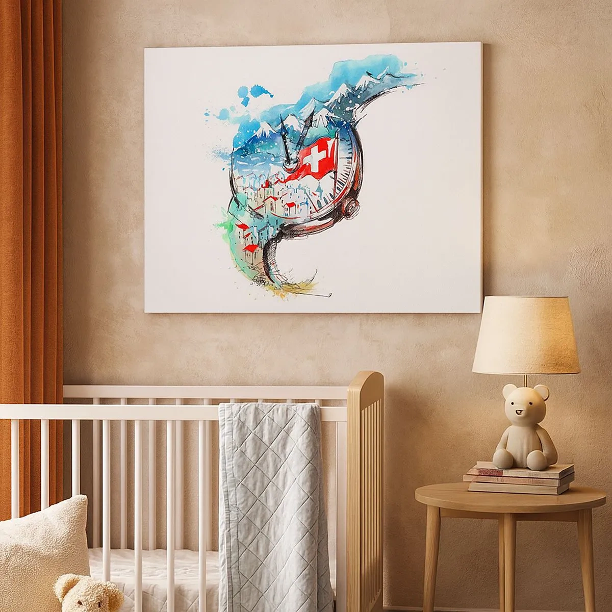 Impression sur toile - Image sur toile - Un paysage aquarelle de la Suisse dans un design d'horlogerie - 70x50cm - L'esprit de la Suisse - Décoration murale moderne pour le salon et la chambre ARTTOR