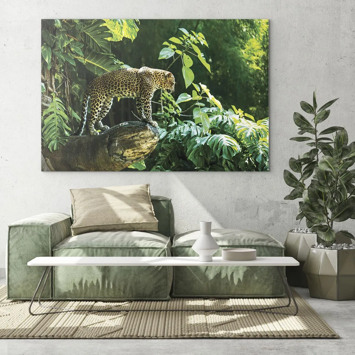 Impression sur verre - Image sur verre - Léopard sur un rocher dans la jungle tropicale - 70x50cm - À la chasse? - Décoration murale moderne pour le salon et la chambre ARTTOR