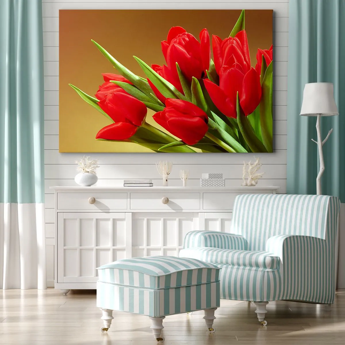Impression sur toile - Image sur toile - Un bouquet de tulipes rouges sur fond doré avec des feuilles vertes. - 100x70cm - Amas de joie printanière - Décoration murale moderne pour le salon et la chambre ARTTOR