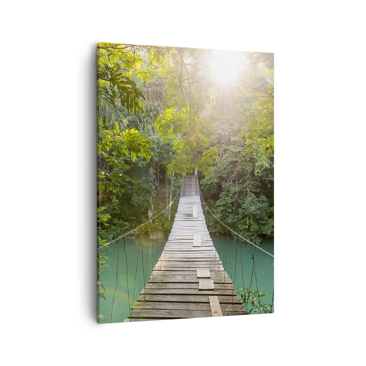 Impression sur toile - Image sur toile - Un pont suspendu dans une forêt tropicale illuminée par la lumière du soleil. - 50x70cm - De l'eau azur à la forêt azur - Décoration murale moderne pour le salon et la chambre ARTTOR