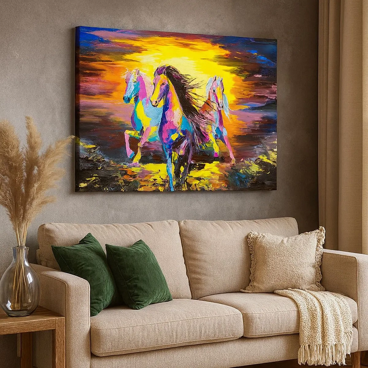 Impression sur toile - Image sur toile - Chevaux colorés galopant sur fond de soleil couchant - 70x50cm - Immergé dans l'arc-en-ciel - Décoration murale moderne pour le salon et la chambre ARTTOR