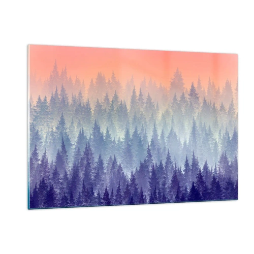 Impression sur verre - Image sur verre - Forêt de conifères mystérieuse aux tons pastel du matin - 120x80cm - Haut, plus haut, vers le ciel - Décoration murale moderne pour le salon et la chambre ARTTOR