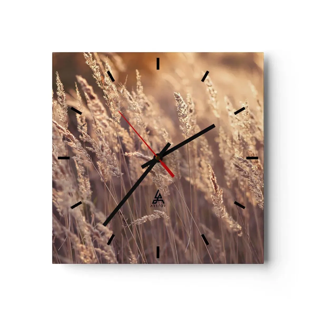 Horloge murale - Pendule murale - Herbes dorées sur fond de soleil couchant - 30x30cm - Prêt à accueillir l'automne - Décoration murale moderne pour le salon et la chambre ARTTOR
