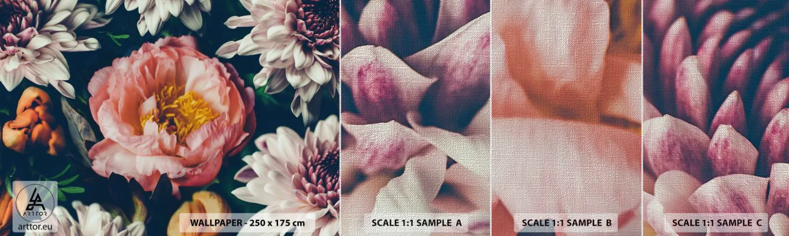 Échantillon de Papier Peint Premium Canvas - Splendeur baroque - Fleurs, Pivoine, Bouquet de fleurs - 100x30 cm