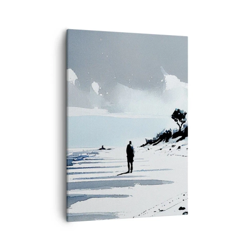 Impression sur toile - Image sur toile - Une silhouette solitaire marchant sur une plage déserte - 50x70cm - Seul à seul - Décoration murale moderne pour le salon et la chambre ARTTOR
