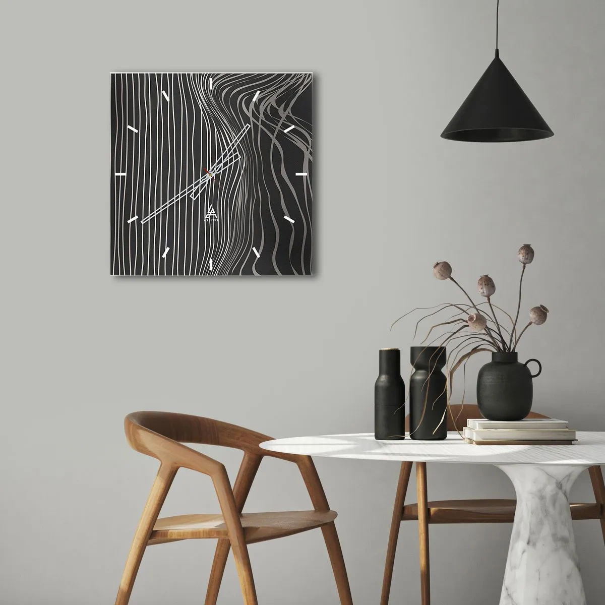 Horloge murale - Pendule murale - Lignes blanches sur fond gris foncé dans un arrangement abstrait - 30x30cm - Rythme et accent - Décoration murale moderne pour le salon et la chambre ARTTOR