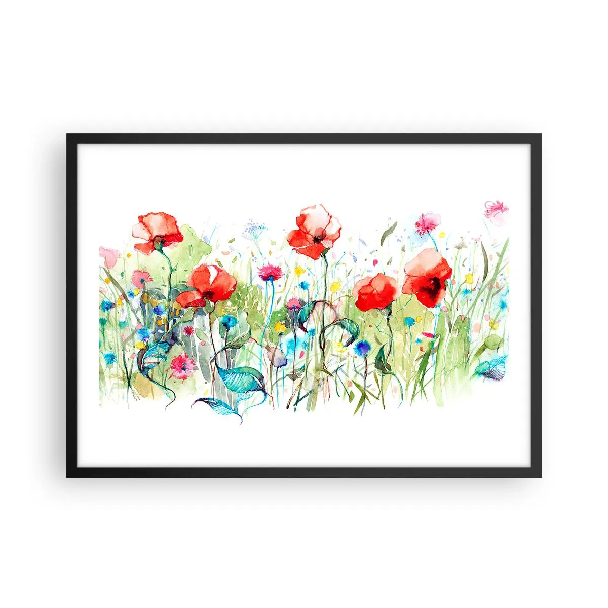 Affiche dans un cadre noir - Poster - Une prairie avec des coquelicots rouges et des fleurs colorées à l'aquarelle - 70x50cm - Prairie de fleurs en mai - Décoration murale moderne pour le salon et la chambre ARTTOR