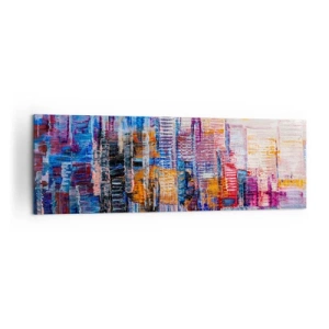 Impression sur toile - Image sur toile - Un panorama coloré de la ville avec des reflets sur l'eau - 160x50cm - Une métropole joyeuse - Décoration murale moderne pour le salon et la chambre ARTTOR