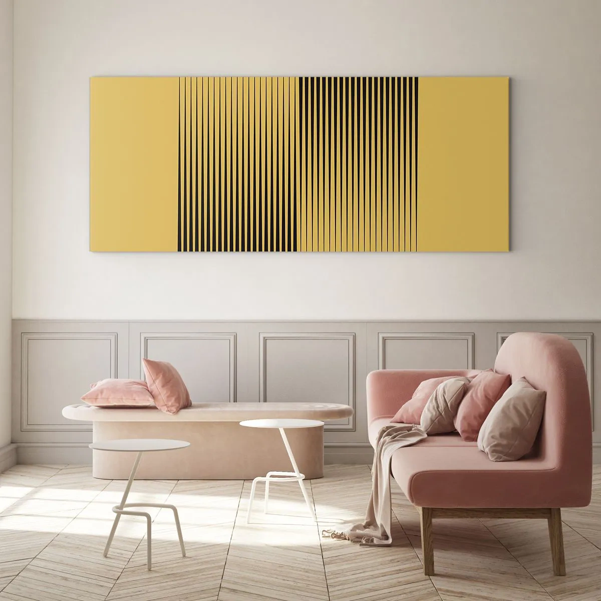 Impression sur verre - Image sur verre - Lignes noires verticales sur fond jaune - 140x50cm - Cadre opposé - Décoration murale moderne pour le salon et la chambre ARTTOR