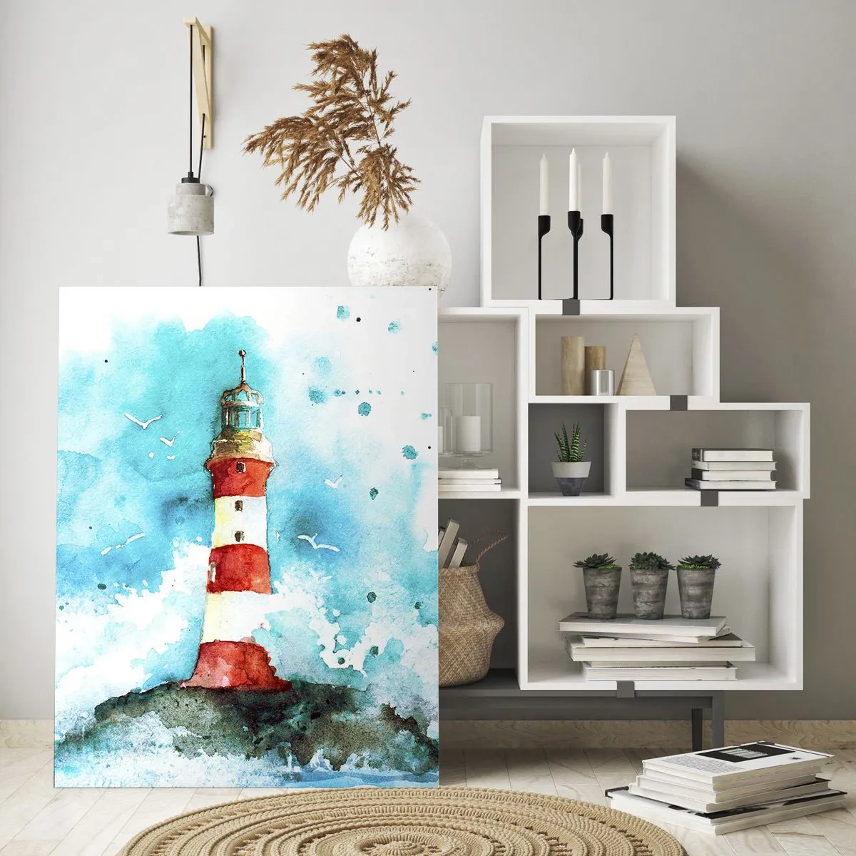 Impression sur verre - Image sur verre - Un phare dans un décor aquarelle sur fond bleu - 70x100cm - Unité des éléments - Décoration murale moderne pour le salon et la chambre ARTTOR