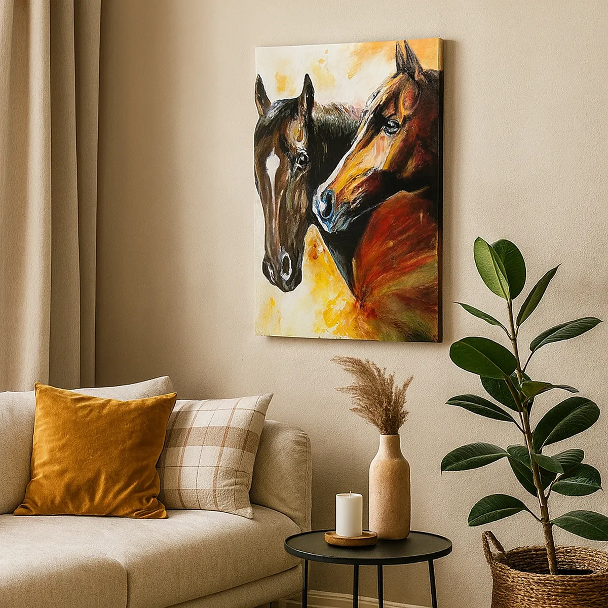 Impression sur toile - Image sur toile - Une paire de chevaux dans une composition picturale - 50x70cm - Deux fois plus gracieux - Décoration murale moderne pour le salon et la chambre ARTTOR