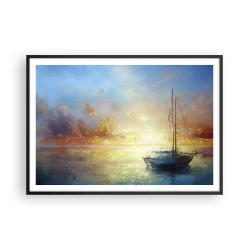 Affiche dans un cadre noir - Poster - Un yacht sur une mer calme au coucher du soleil - 100x70cm - Dans une baie dorée - Décoration murale moderne pour le salon et la chambre ARTTOR