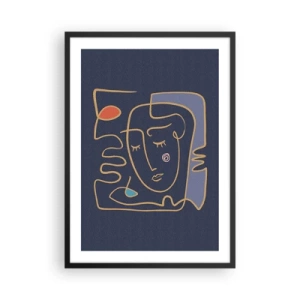 Affiche dans un cadre noir - Poster - Visage abstrait minimaliste sur fond bleu marine dans un style d'art en ligne - 50x70cm - En réflexion - Décoration murale moderne pour le salon et la chambre ARTTOR