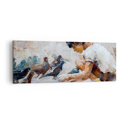 Impression sur toile - Image sur toile - Une fille nourrissant des oiseaux dans un style pictural - 140x50cm - Les plus petits et les plus gentils - Décoration murale moderne pour le salon et la chambre ARTTOR