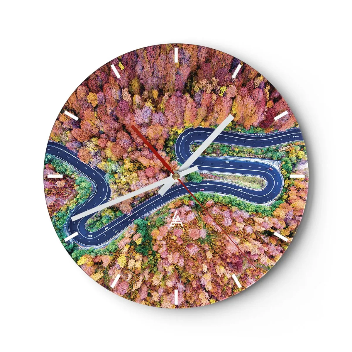 Horloge murale - Pendule murale - Une route sinueuse à travers la forêt d'automne - 30x30cm - Route sinueuse à travers la forêt - Décoration murale moderne pour le salon, la cuisine et la chambre ARTTOR