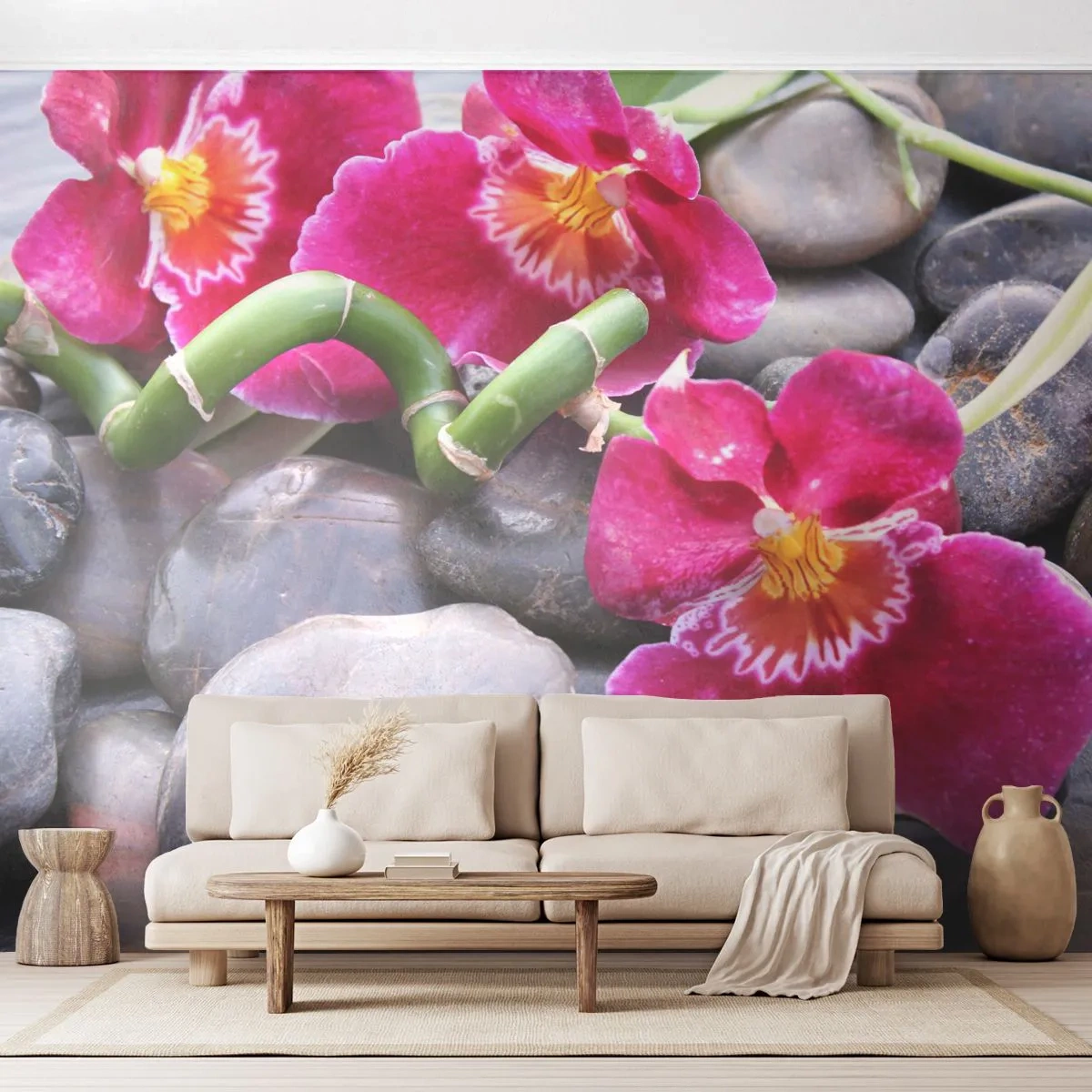 Papier Peint Photo Premium Canvas - Refroidir et chauffer - Fleurs, Des pierres, Orchidée - 500x350 cm