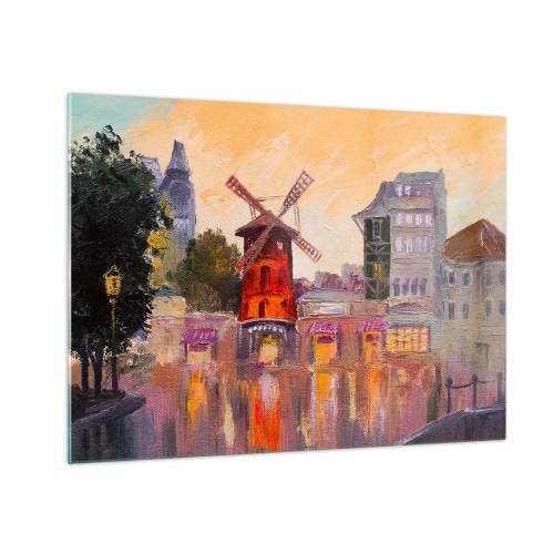 Impression sur verre - Image sur verre - Le moulin à vent rouge du Moulin Rouge parmi les immeubles parisiens - 70x50cm - Icones parisiennes – le Moulin rouge - Décoration murale moderne pour le salon et la chambre ARTTOR