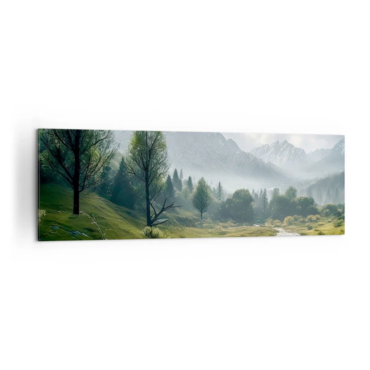 Impression sur toile - Image sur toile - Un paysage de montagne avec une rivière et des arbres entourés de montagnes brumeuses - 160x50cm - Aller et retour - Décoration murale moderne pour le salon et la chambre ARTTOR