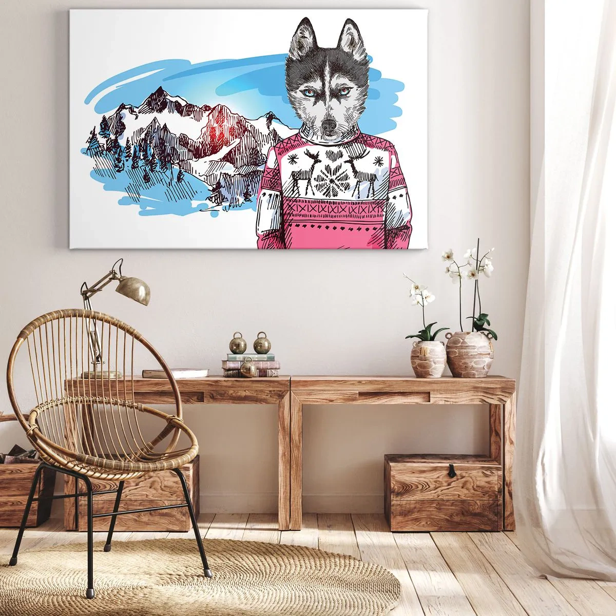 Impression sur toile - Image sur toile - Un loup dans un pull d'hiver sur fond de paysage de montagne - 120x80cm - Un loup en laine de mouton - Décoration murale moderne pour le salon et la chambre ARTTOR